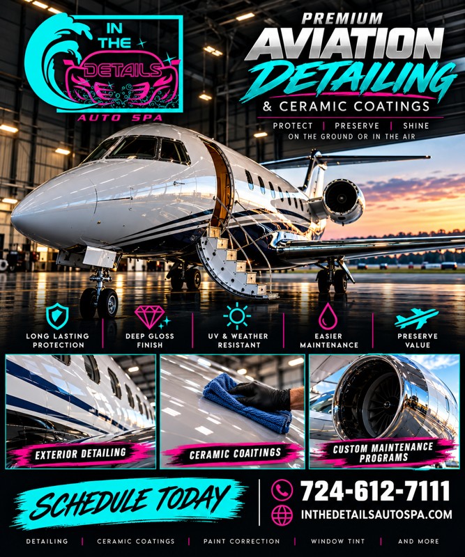 In the Details Auto Spa aviation flyer: Premium Aviation Detailing and Ceramic Coatings. Protect, Preserve, Shine, on the ground or in the air. Exterior detailing, ceramic coatings and custom maintenance programs. Schedule today, 724-612-7111.