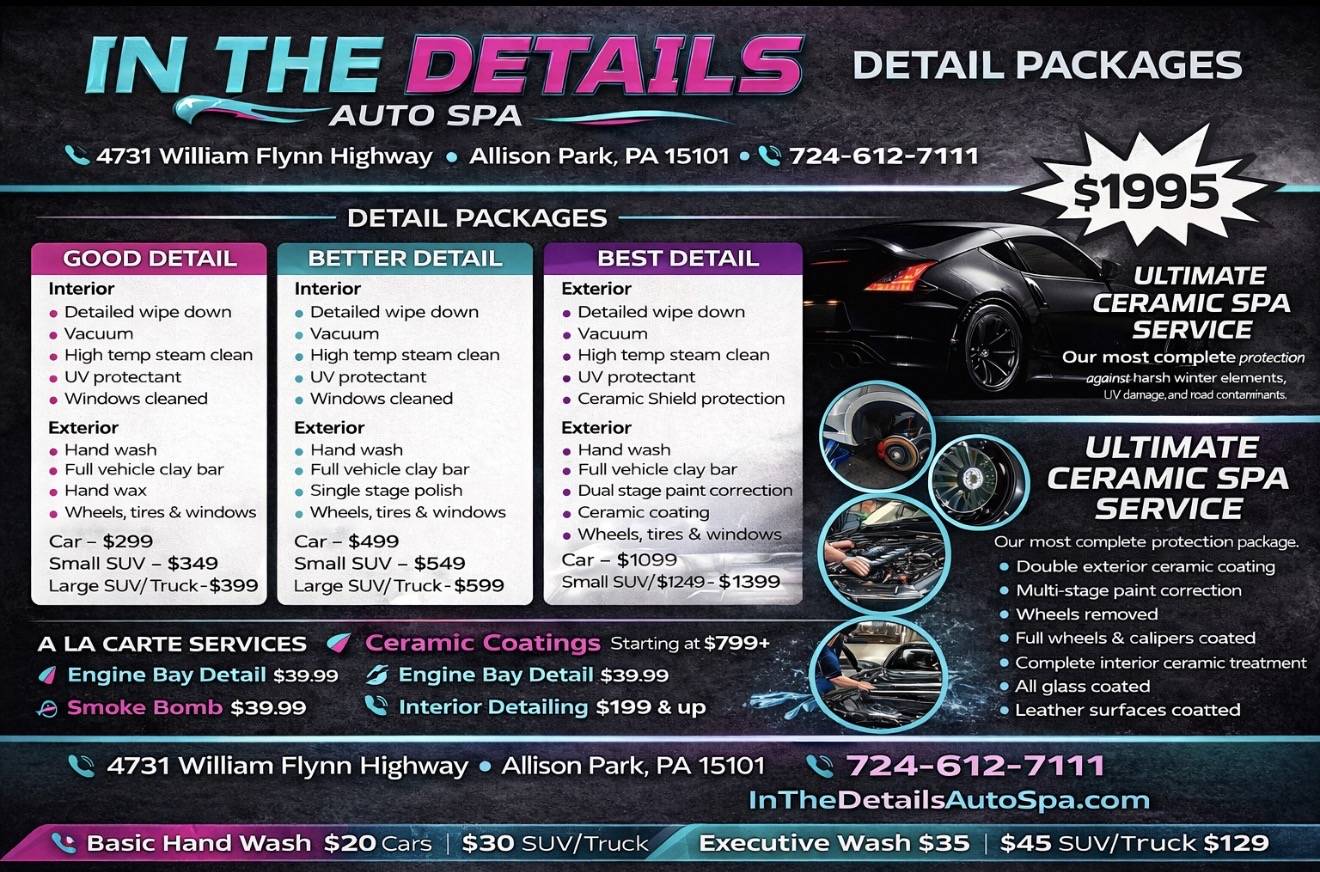 In the Details Auto Spa’s own printed detail package price sheet